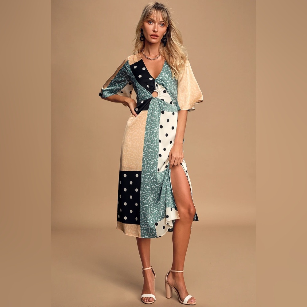 Lulus mixing things up multi print satin midi dress medium